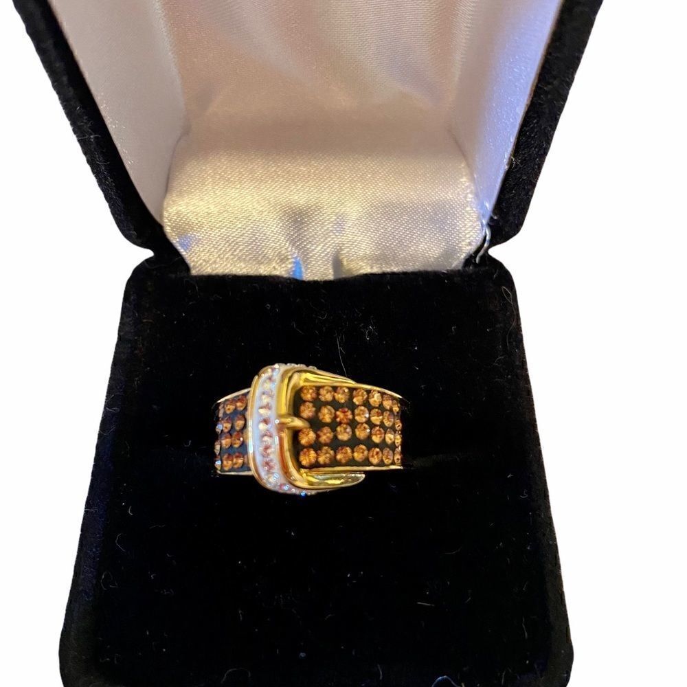 Brown & Pave Crystal Buckle Ring Sz. 7
